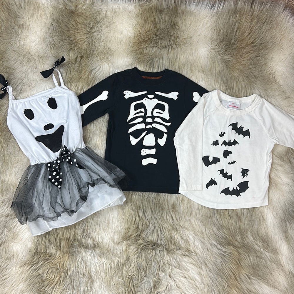 Hanna Andersson Halloween Bat Top + Skeleton Shirt + Ghost Tulle Dress Bundle 3T